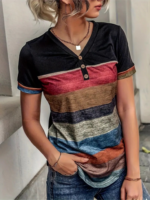 Kadın Kısa Kollu V Yakalı Düğmeli çok Renkli Süprem Bluz - Görsel 4