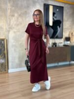 Kadın Kısa Kollu Bisiklet Yaka Yandan Bağlamalı Viskon Iki Iplik Elbise - Görsel 6