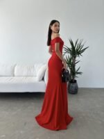 Kadın Dalgıç Kumaş Kayık Yaka Ve Dekolte Detaylı Elbise - Görsel 5