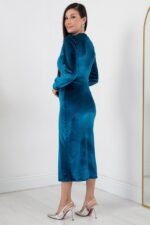 Kadın Kadife Kumaş Manşetli V Yaka Şık Kalem Elbise - Görsel 8