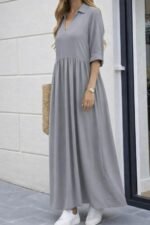 Kadın Truvakar Kollu V Yakalı Yırtmaçlı Uzun Aerobin Elbise - Görsel 2