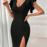 Kadın Kısa Kollu V Yakalı Kolları Volanlı Yandan Yırtmaçlı Kısa Janjan Krep Elbise