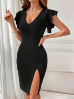 Kadın Kısa Kollu V Yakalı Kolları Volanlı Yandan Yırtmaçlı Kısa Janjan Krep Elbise