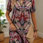 Kadın Kısa Kollu V Yakalı Desenli Kısa Süprem Elbise