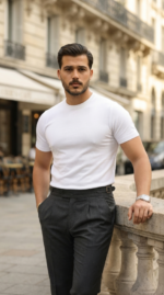 Erkek Basic Bisiklet Yaka Kısa Kollu Triko Tişört - %100 Pamuk Akrilik - Görsel 2