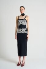 Jakarlı İnce AskılıTriko Takım - Siyah-Beyaz Kayısı - Görsel 4