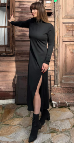 Kadın Uzun Kollu Balıkçı Yaka Derin Yırtmaç Detay Krep Elbise - Görsel 12