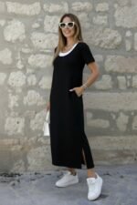 Kadın Kısa Kollu Içi Atlet Görünümlü Yandan Yırtmaçlı Uzun Viskon Elbise - Görsel 4