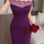 Kadın Göğüs Ve Yakası Dantel Detaylı Kayık Yaka Görünümlü Uzun Ithal Krep Elbise