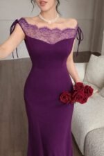 Kadın Göğüs Ve Yakası Dantel Detaylı Kayık Yaka Görünümlü Uzun Ithal Krep Elbise