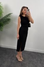 Kadın Askılı Kolsuz Belden Büzgülü Yırtmaçlı Midi Janjan Krep Elbise - Görsel 4