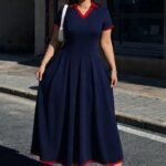 Kadın Kısa Kollu V Yakalı Pileli Uzun Janjan Krep Elbise