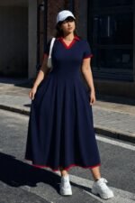 Kadın Kısa Kollu V Yakalı Pileli Uzun Janjan Krep Elbise