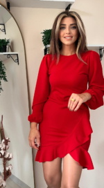 Kadın Uzun Kollu Bisiklet Yaka önden Volanlı Ithal Krep Elbise - Görsel 15