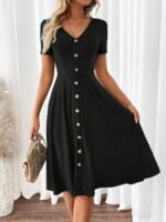 Kadın Kısa Kollu V Yakalı önden Düğmeli A Kesim Dokuma Elbise - Görsel 4