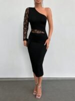 Kadın Siyah Tek Kol Dantel Detay Omuz Dekolte Krep Elbise - Görsel 25