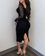 Kadın Uzun Kollu Dantelli Büzgü Detaylı Yırtmaçlı Midi Sandy Elbise - Görsel 3