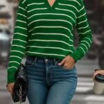 Kadın Uzun Kollu V Yaka çizgili Triko Bluz