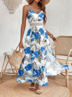 Kadın Ip Askılı V Yakalı Bel Güpür çiçek Desenli Yandan Yırtmaçlı Maksi Süprem Elbise - Görsel 3