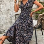 Kadın Kısa Kollu Kruvaze Yakalı çiçek Desenli Belden Lastikli Süprem Uzun Elbise