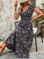 Kadın Kısa Kollu Kruvaze Yakalı çiçek Desenli Belden Lastikli Süprem Uzun Elbise