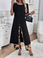 Kadın Kısa Kollu önden çapraz Detaylı Viskon Uzun Bluz Ve Desenli Iki Iplik Pantolon Ikili Takım - Görsel 4