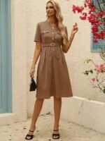 Kadın Kısa Kollu Düğmeli Ve Kemerli Atlas Elbise - Görsel 2