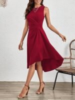 Kadın Sıfır Kollu Bisiklet Yaka Büzgülü Asimetrik Kesim Detaylı Janjan Krep Elbise - Görsel 4