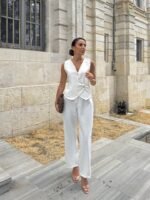 Kadın Sıfır Kollu çapraz V Yakalı önden Düğmeli Atlas Yelek Ve Pantolon Ikili Takım - Görsel 9