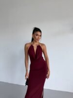 Kadın Boyun Aksesuarlı Halter Yaka Maxi Boy Sandy Kumaş Elbise - Görsel 4