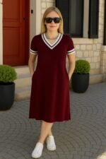 Kadın Kısa Kollu V Yaka Ve Yaka Ribana Detay Midiboy Viskon Elbise - Görsel 5