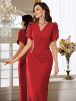 Kadın Kısa Kollu Kruvaze Yakalı Belden çiçek Aksesuarlı Yırtmaçlı Ithal Krep Elbise - Görsel 2