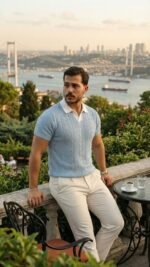 Erkek Desenli Kısa Kollu Triko Tişört - %100 Pamuk Akrilik - Görsel 2