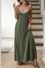 Kadın Ip Askılı V şerit Yakalı Uzun Viskon Elbise