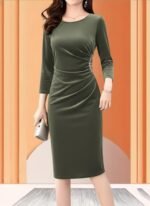 Kadın Uzun Kollu Bot Yaka Yanı Taş Detaylı Midi Kadife Elbise - Görsel 2