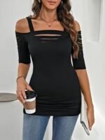Kadın Omuzlardan Açık Askılı Lazer Kesim Detaylı Viskon Bluz - Görsel 3