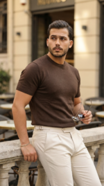 Erkek Basic Bisiklet Yaka Kısa Kollu Triko Tişört - %100 Pamuk Akrilik - Görsel 2