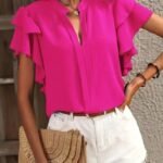 Kadın Kısa Kollu V Hakim Yaka Kolları Fırfırlı Dubai Bluz