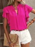Kadın Kısa Kollu V Hakim Yaka Kolları Fırfırlı Dubai Bluz