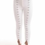 Beyaz Taş İşlemeli Deri Tayt