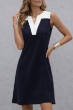 Kadın Askılı V Yakalı çift Renkli Kısa Viskon Iki Iplik Elbise - Görsel 2