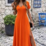 Kadın Kısa Kollu V Yakalı Maksi Boy Viskon Elbise