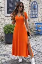 Kadın Kısa Kollu V Yakalı Maksi Boy Viskon Elbise