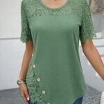 Kadın Kısa Kollu Dantel Detaylı Yandan Düğmeli Waffle Bluz