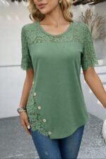 Kadın Kısa Kollu Dantel Detaylı Yandan Düğmeli Waffle Bluz