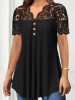 Kadın Kısa Kollu V Dantel Yakalı Düğmeli Viskon Bluz - Görsel 3