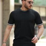 Erkek Bisiklet Yaka çizgi Desenli Ribanalı Kısa Kollu Tshirt
