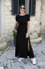 Kadın Kısa Kollu Sırt Dekolteli Yırtmaç Detaylı Viskon Elbise - Görsel 3