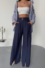 SALAŞ ÖNDEN YIRTMAÇ DETAYLI BEL KEMERLİ PANTOLON - Lacivert - Görsel 3