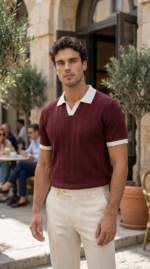 Erkek Örgü Desen Yakalı Kısa Kollu Triko Tişört - %100 Pamuk Akrilik - Görsel 3